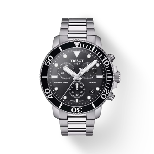 Front view of the watch Tissot Seastar 1000 Chronograph with shadow