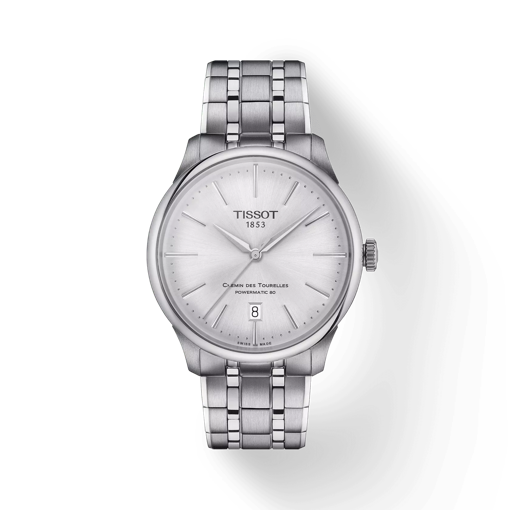Front view of the watch Tissot Chemin des Tourelles Powermatic 80 39 mm with shadow