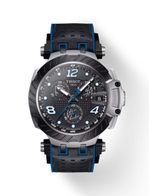 Vue de face de la montre Tissot T-Race Chronograph Thomas Lüthi Limited Edition avec ombre