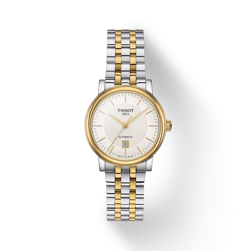 Vue de face de la montre Tissot Carson Premium Automatic Lady avec ombre