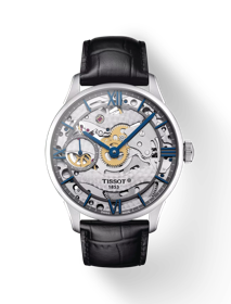 Front view of the watch Tissot Chemin des Tourelles Squelette Mechanical with shadow