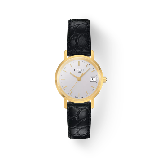 Vue de face de la montre Tissot Goldrun Sapphire Lady 18K Gold avec ombre