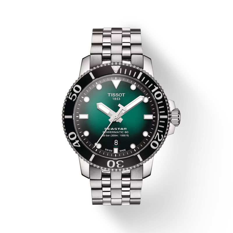 Front view of the watch Tissot Seastar 1000 Powermatic 80 with shadow
