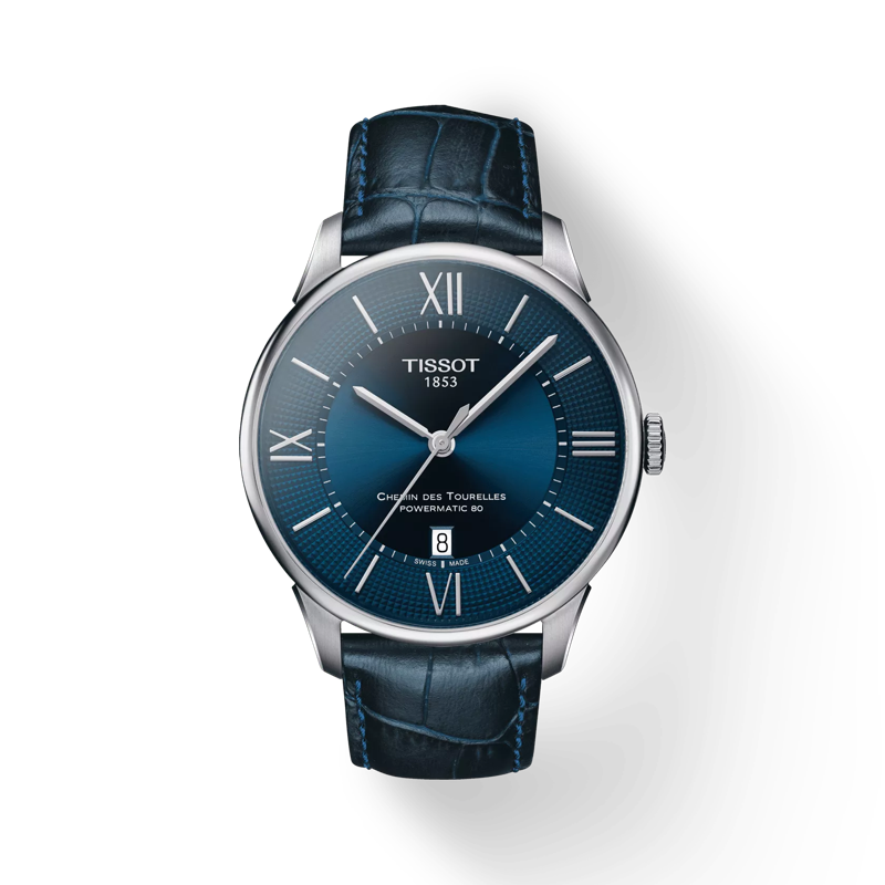 Vue de face de la montre Tissot Chemin des Tourelles Powermatic 80 avec ombre
