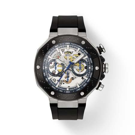 Front view of the watch Tissot T-Race MotoGP Automatic Chronograph with shadow