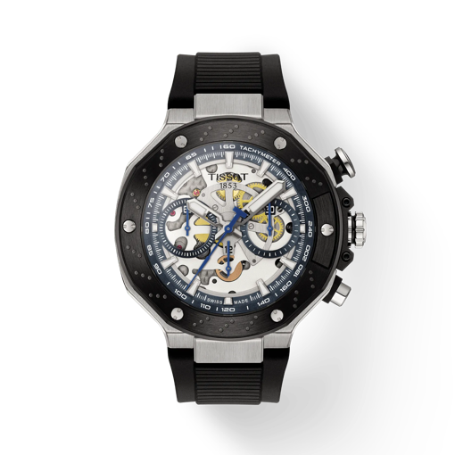 Front view of the watch Tissot T-Race MotoGP Automatic Chronograph (2025) with shadow