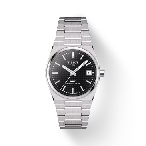 Vue de face de la montre Tissot PRX Powermatic 80 35mm avec ombre