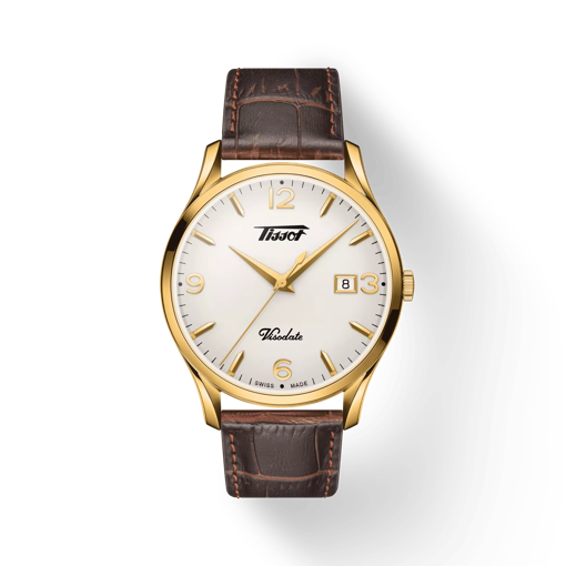 Vue de face de la montre Tissot Heritage Visodate avec ombre