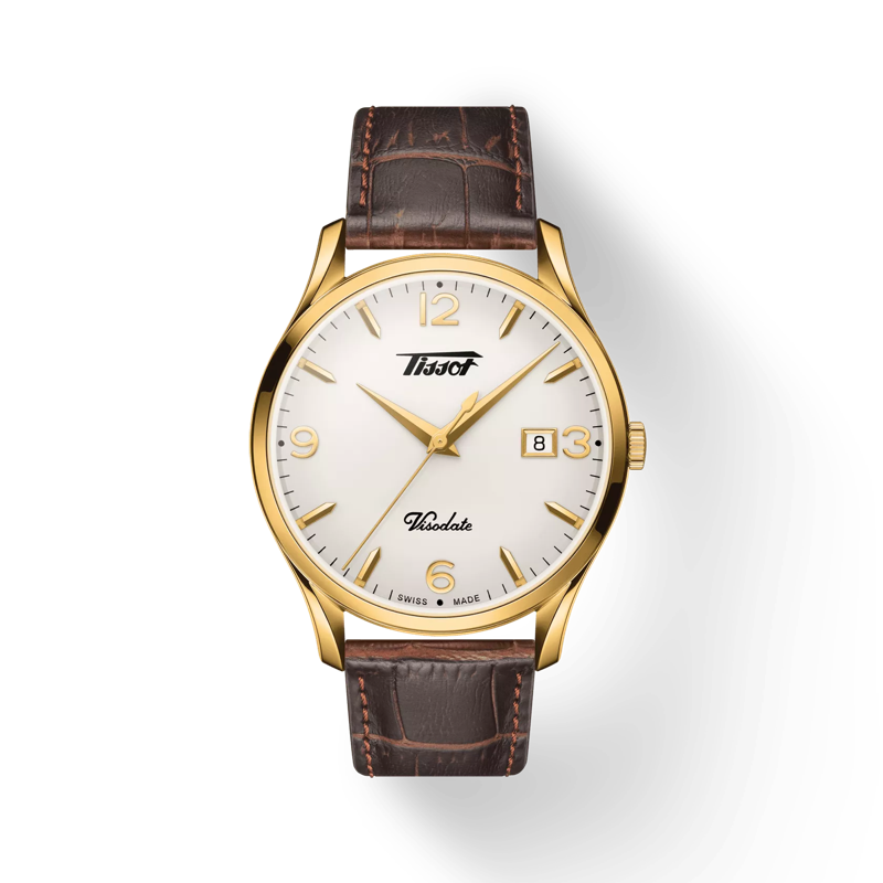Vue de face de la montre Tissot Heritage Visodate avec ombre