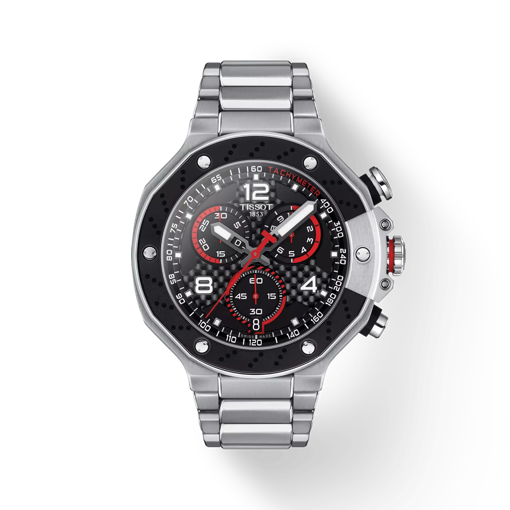 มุมมองด้านหน้าของนาฬิกา Tissot T-Race MotoGP Chronograph 2022 Limited Edition พร้อมเงา