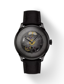 Front view of the watch Tissot Chemin Des Tourelles Skeleton with shadow