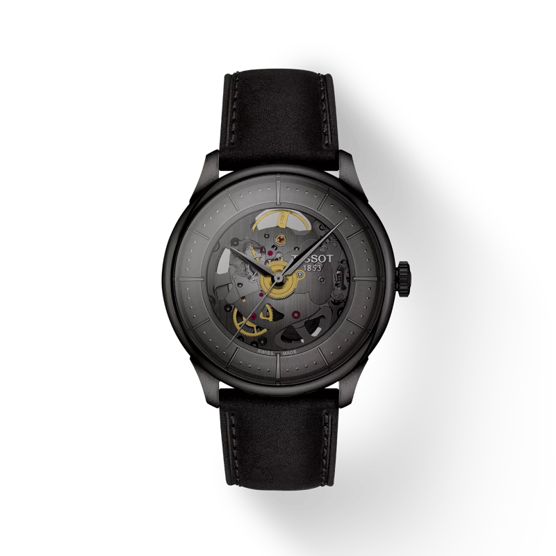 Vista frontal del reloj Tissot Chemin Des Tourelles Squelette con sombra