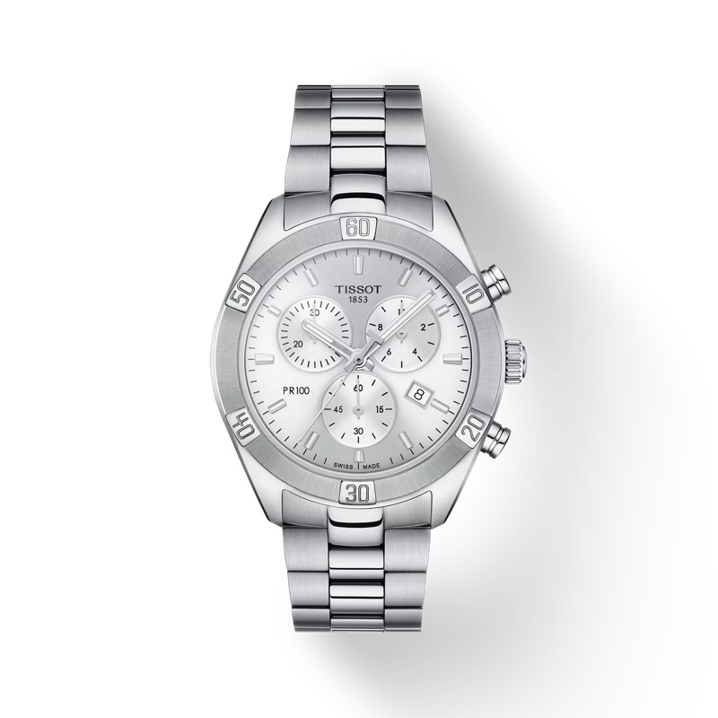 Vue de face de la montre Tissot PR 100 Sport Chic Chronograph avec ombre