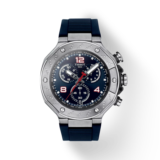 Front view of the watch Tissot T-Race MotoGP™ Chronograph 2024 Limited Edition with shadow