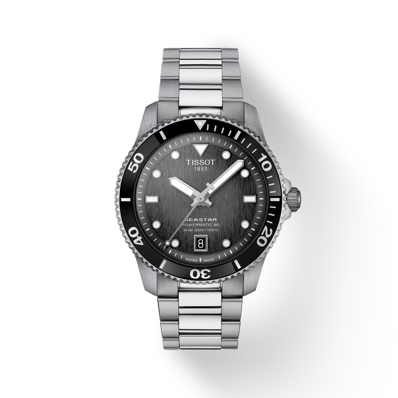 Front view of the watch Tissot Seastar 1000 Powermatic 80 40mm with shadow