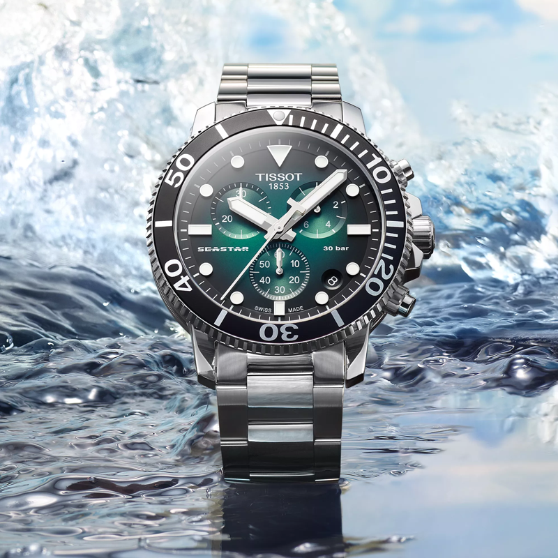 Tissot Seastar 1000 Quartz Chronograph watch on a colored background