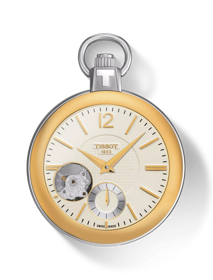 Vue de face de la montre Tissot Pocket Mechanical Skeleton avec ombre