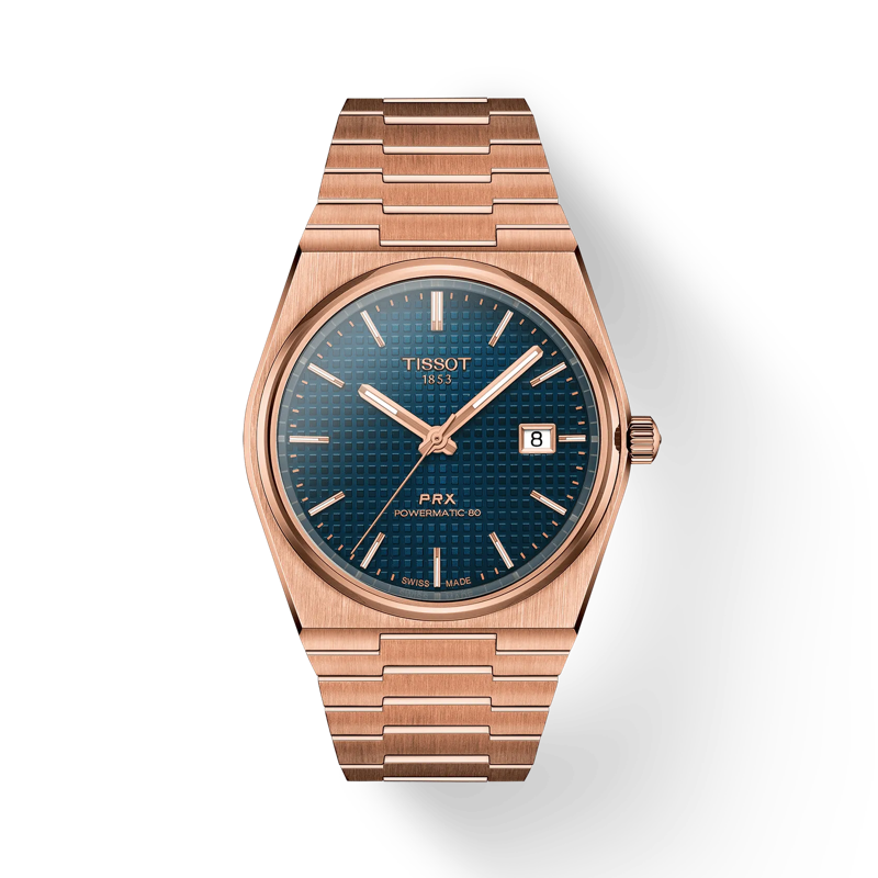 Front view of the watch Tissot PRX Powermatic 80 40mm with shadow