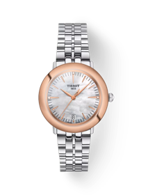 Front view of the watch Tissot Glendora 18K Gold with shadow