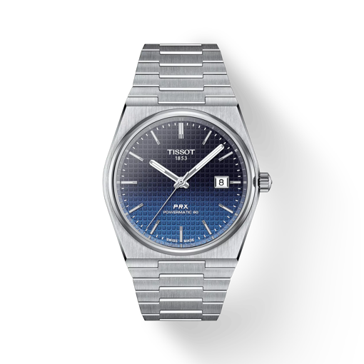 Front view of the watch Tissot PRX Powermatic 80 Gradient 40mm with shadow