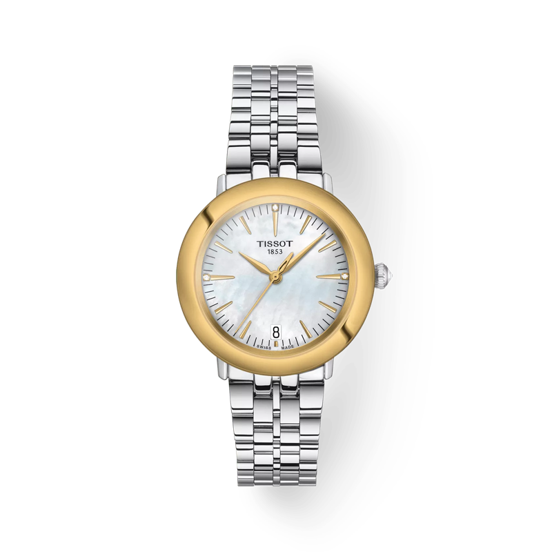 Front view of the watch Tissot Glendora 18K Gold bezel with shadow