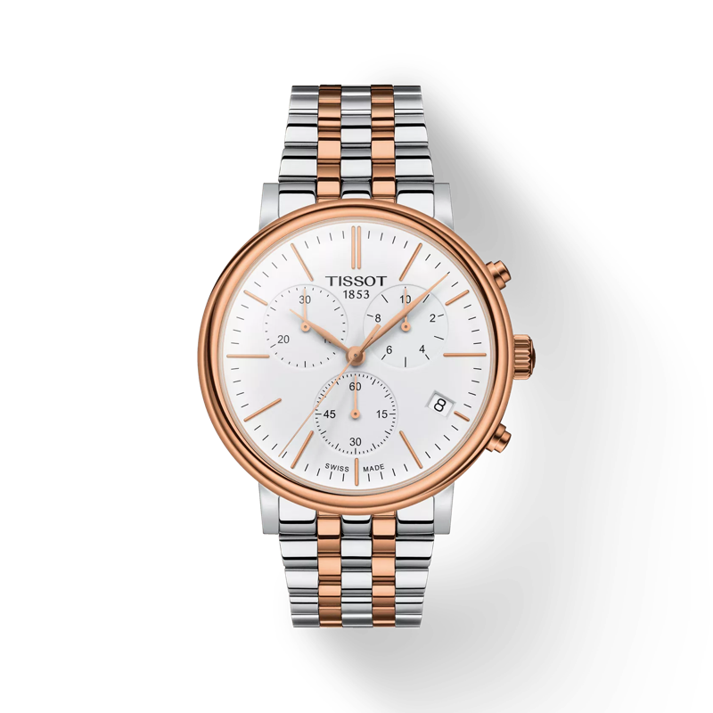Vue de face de la montre Tissot Carson Premium Chronograph avec ombre