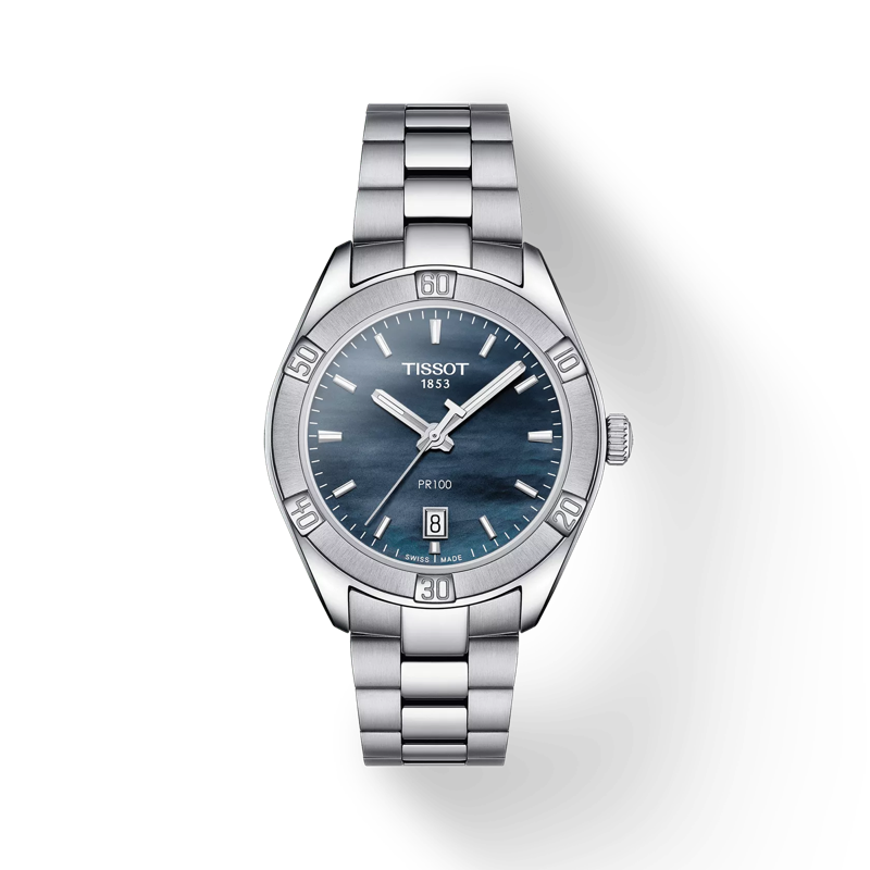 Vista frontal del reloj Tissot PR 100 Sport Chic con sombra