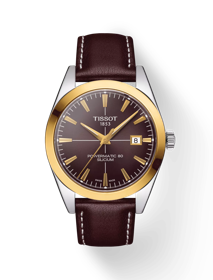 Vue de face de la montre Tissot Gentleman Powermatic 80 Silicium Solid 18K Gold Bezel avec ombre