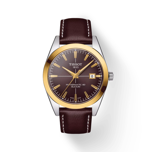 Front view of the watch Tissot Gentleman Powermatic 80 Silicium Solid 18K Gold Bezel with shadow