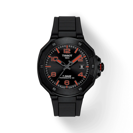 Front view of the watch Tissot T-Race Powermatic 80 with shadow
