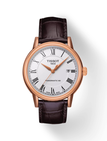Front view of the watch Tissot Carson Powermatic 80 with shadow