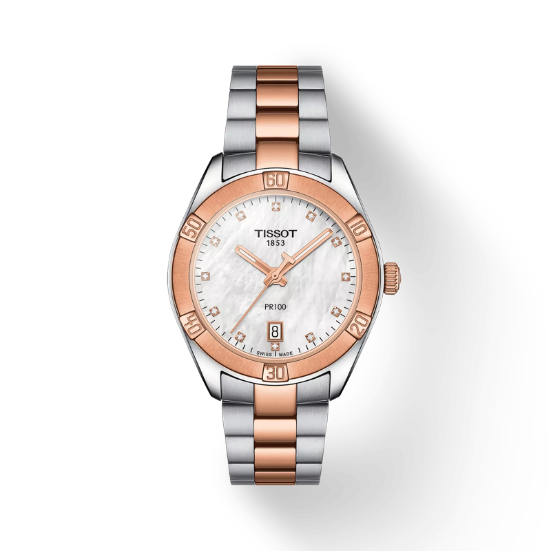 Front view of the watch Tissot PR 100 Sport Chic with shadow