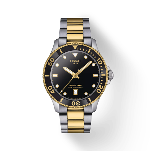 Front view of the watch Tissot Seastar 1000 40mm with shadow