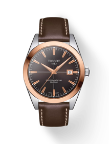 Vue de face de la montre Tissot Gentleman Powermatic 80 Silicium Solid 18K Gold bezel avec ombre