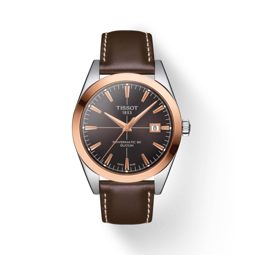 Vue de face de la montre Tissot Gentleman Powermatic 80 Silicium Solid 18K Gold bezel avec ombre