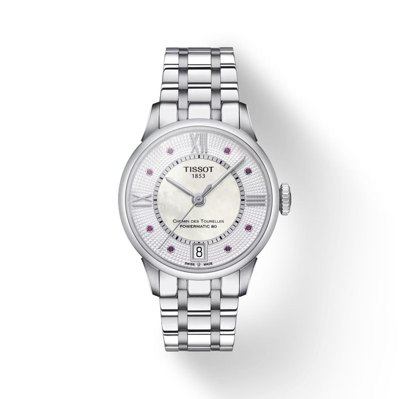 Front view of the watch Tissot Chemin des Tourelles Powermatic 80 Lady with shadow