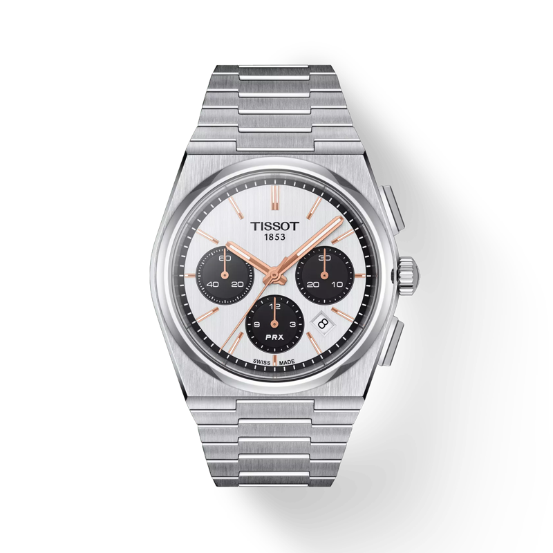 Front view of the watch Tissot PRX Automatic Chronograph 42mm with shadow