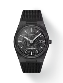 Front view of the watch Tissot PRX Powermatic 80 Carbon 40mm with shadow