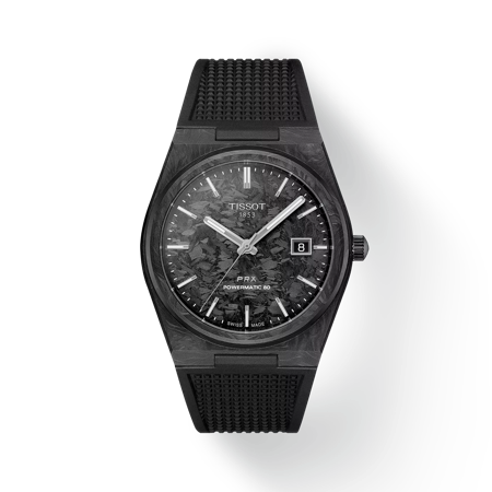 Front view of the watch Tissot PRX Powermatic 80 Carbon 40mm with shadow