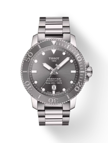 Front view of the watch Tissot Seastar 1000 Powermatic 80 with shadow