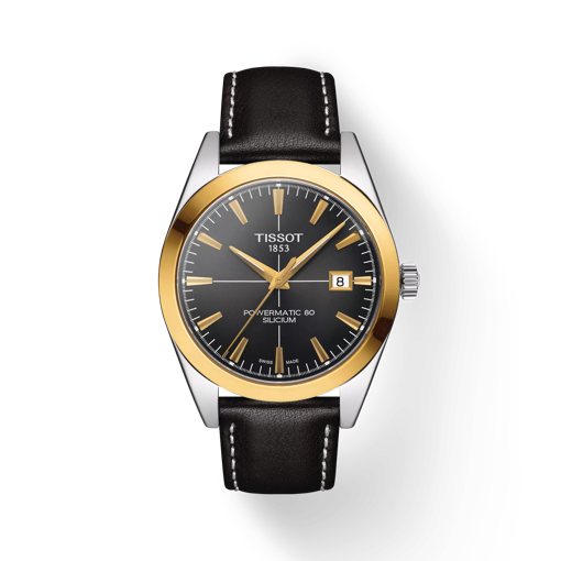 Front view of the watch Tissot Gentleman Powermatic 80 Silicium Solid 18K Gold Bezel with shadow