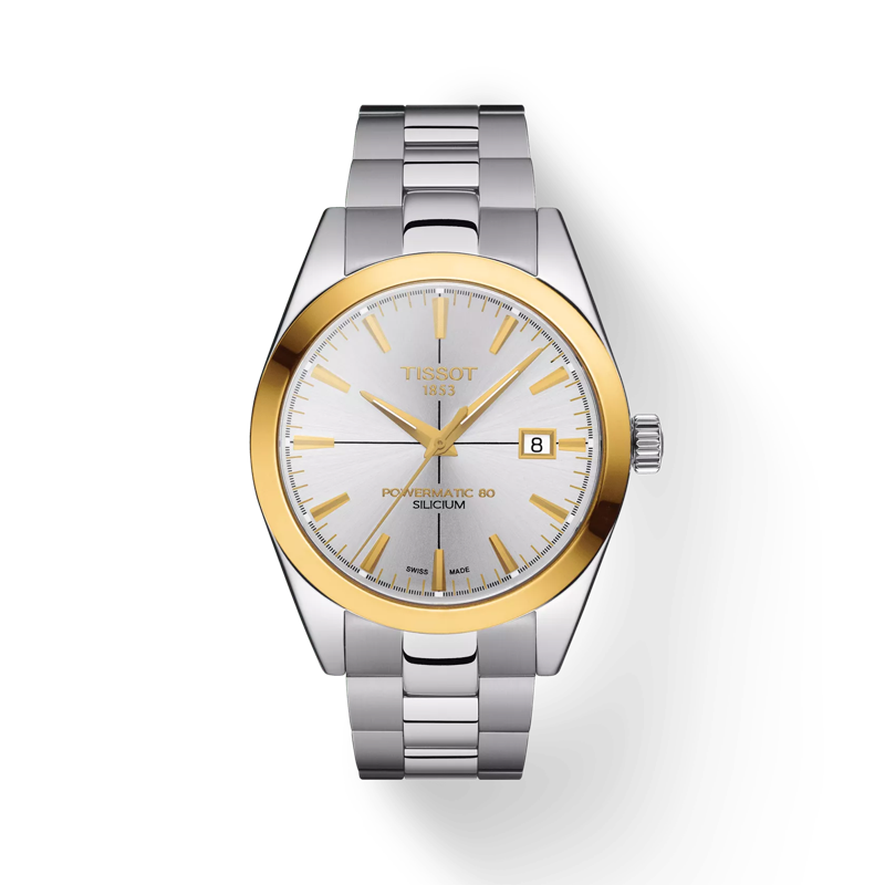Front view of the watch Tissot Gentleman Powermatic 80 Silicium Solid 18K Gold Bezel with shadow