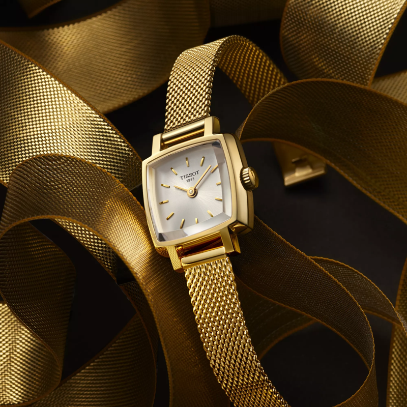 Tissot Lovely Square watch on a colored background