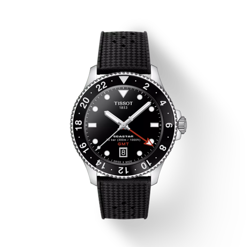 Front view of the watch Tissot Seastar 1000 Quartz GMT with shadow