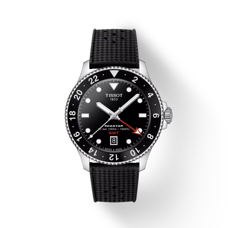 Front view of the watch Tissot Seastar 1000 Quartz GMT with shadow