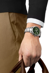 Simulation of the watch Tissot PR 100 Chronograph on a wrist