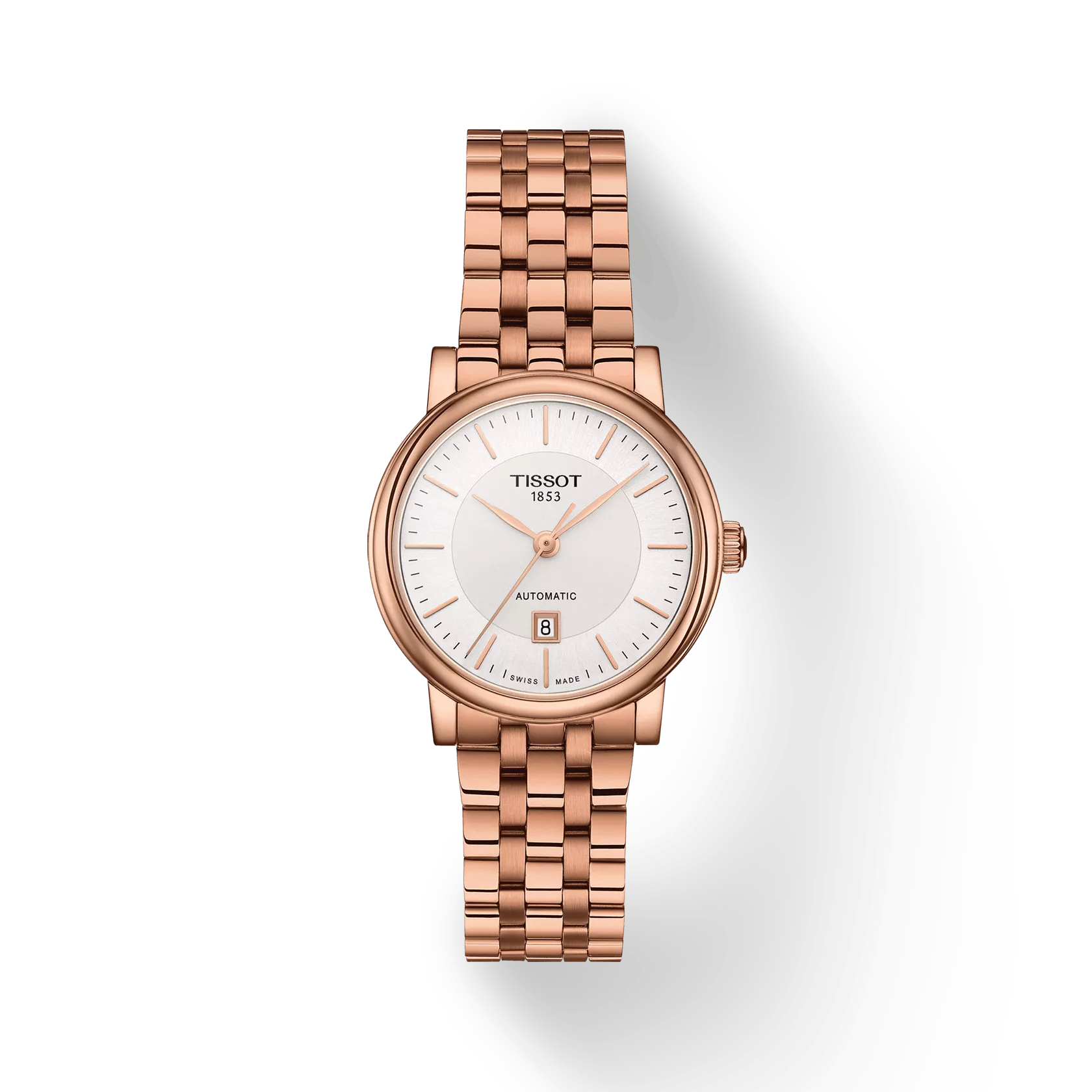 Front view of the watch Tissot Carson Premium Automatic Lady with shadow