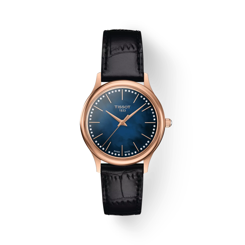 Front view of the watch Tissot Excellence Lady 18K Gold with shadow