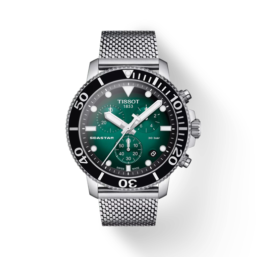 Front view of the watch Tissot Seastar 1000 Chronograph with shadow
