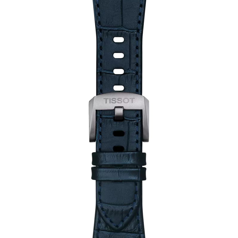 Front view of Tissot Official Dark Blue PRX 40mm Leather Strap With Steel Endpiece